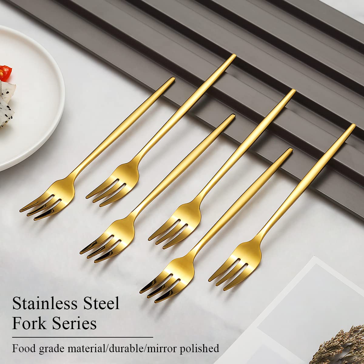 Evanda Gold Dessert Forks Set Of 6 Pack 6.3''/16.5Cm, Golden Titanium Plating Pastry Fork, Family Appetizer Fork For Fruit, Cake